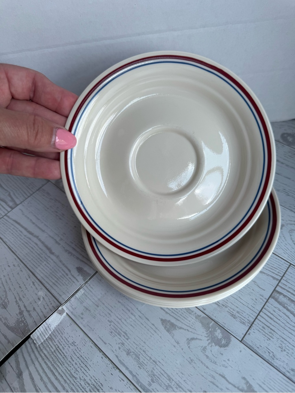 Corelle Abundance Classic  Red and Blue Rim saucers Set of 4 Vintage